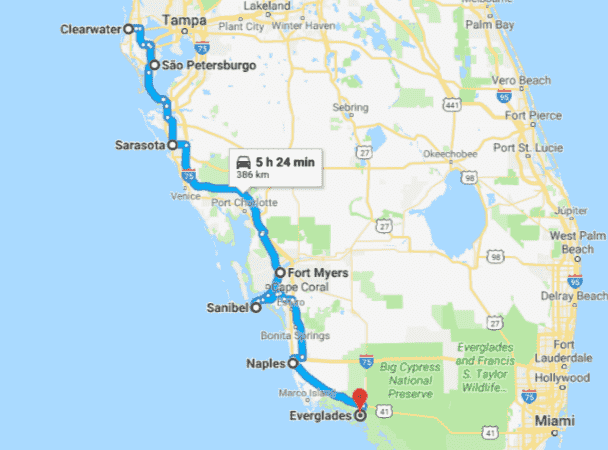 Itinerary map for a road trip down the west beaches of Florida