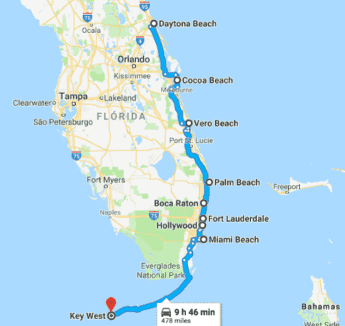 Map itinerary trough Florida East Coast Beaches